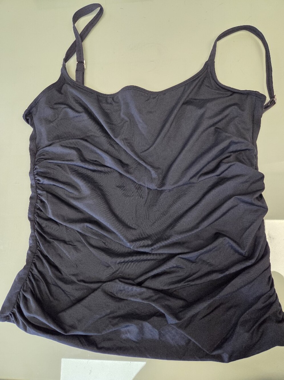 Ruched Black Swim Tankini Top - Adjustable Straps And Built In Bra
